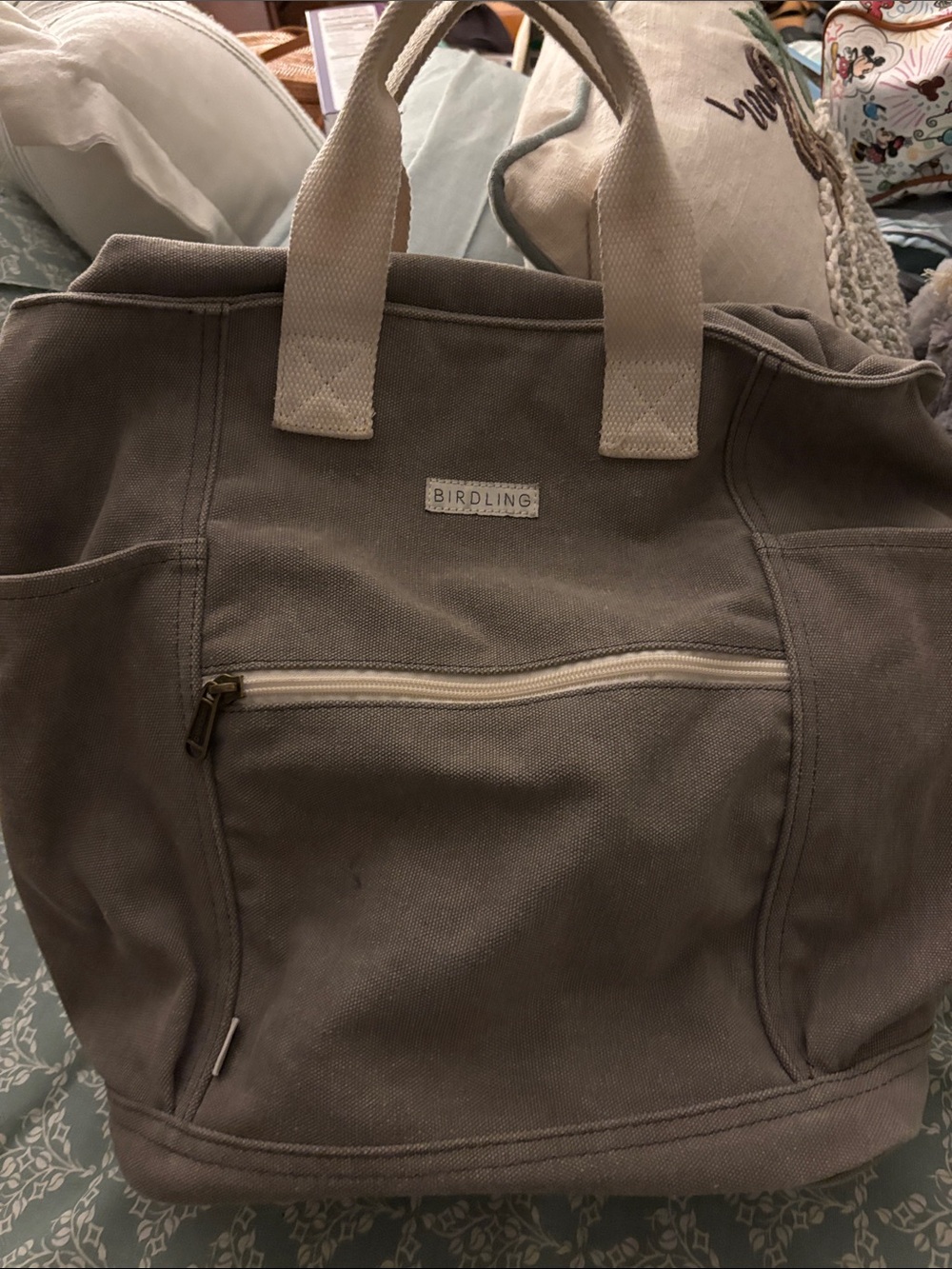 Birdling Gray Canvas Duffel Tote with Cream Handles